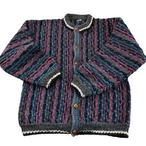 Vintage Cardigan Sweater Rubisita Heavy Chunky Thick HandKnit 100% Wool Colorful